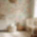 Nursery with floral wallpaper, white crib, dresser, and basket. Soft lighting creates a cozy atmosphere. Neutral tones dominate.