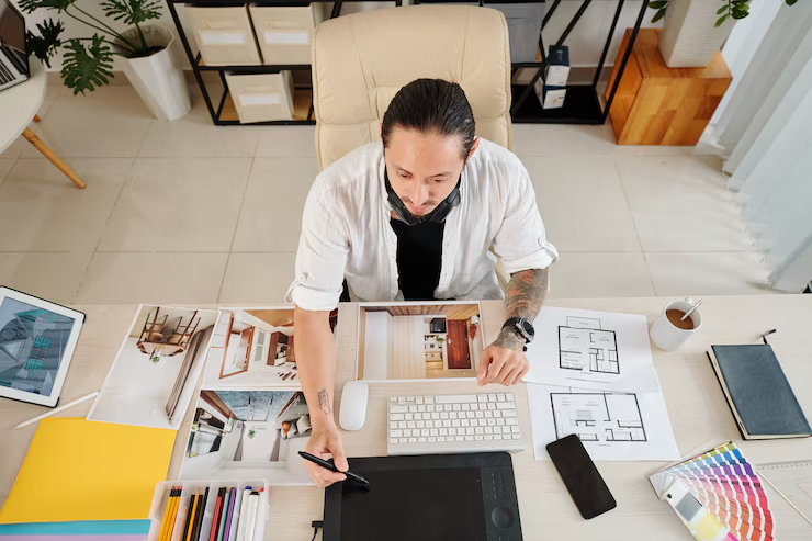 Man in white shirt working at a desk with design sketches, a tablet, and a keyboard. Bright office setting, organized workspace, focused mood.