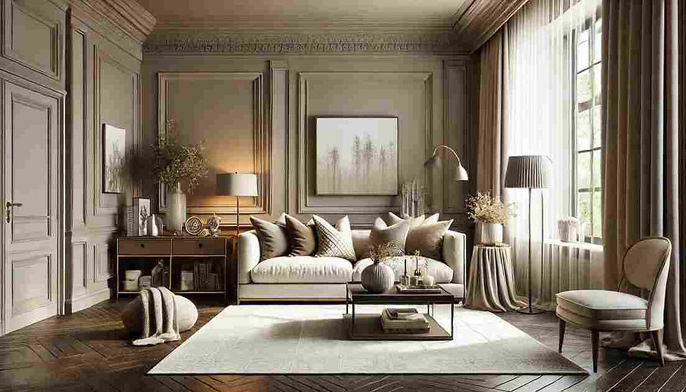 Elegant living room in neutral tones, featuring a plush sofa with pillows, a modern coffee table, and soft lighting from lamps and windows.