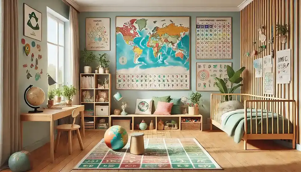 Cozy children's room with a map, colorful posters, globe on desk, wooden furniture, and plants. Bright, educational atmosphere.
