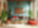 Cozy living room with teal wall, wooden decor, red and teal sofas, plants, and wicker tables. Bright sunlight streams through arched windows.