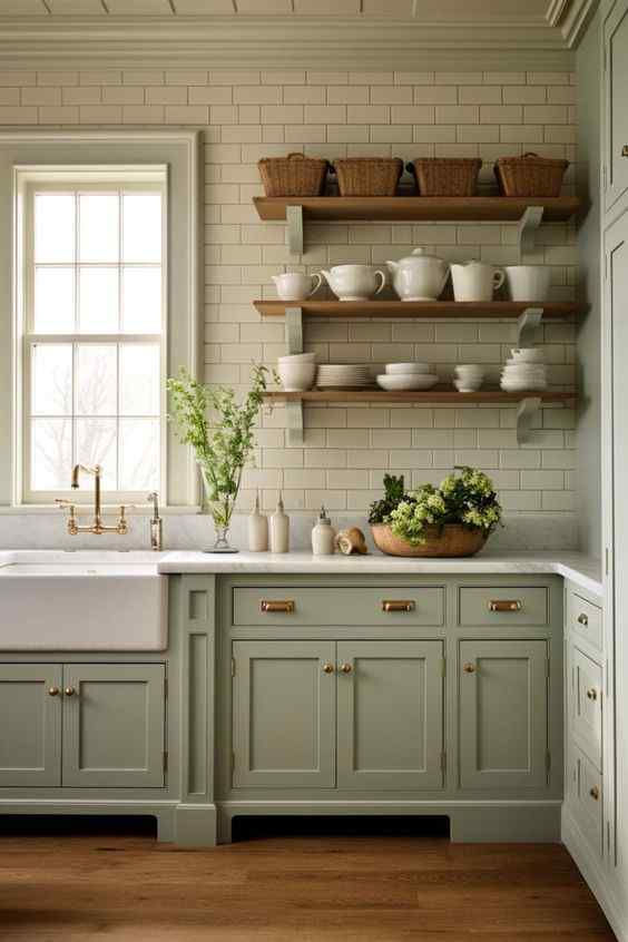 Bright kitchen with pastel green cabinets, white subway tiles, wooden shelves holding crockery, and a sink by a window. Peaceful, cozy vibe.