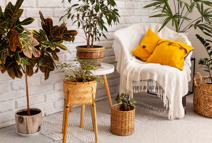 Cozy room with a white chair draped in a blanket and yellow pillows. Surrounded by various potted plants against a white brick wall.