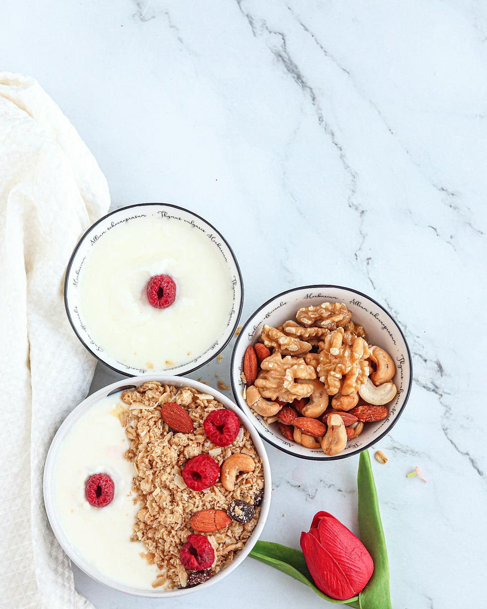 Greek yogurt topped with crushed nuts for the keto diet