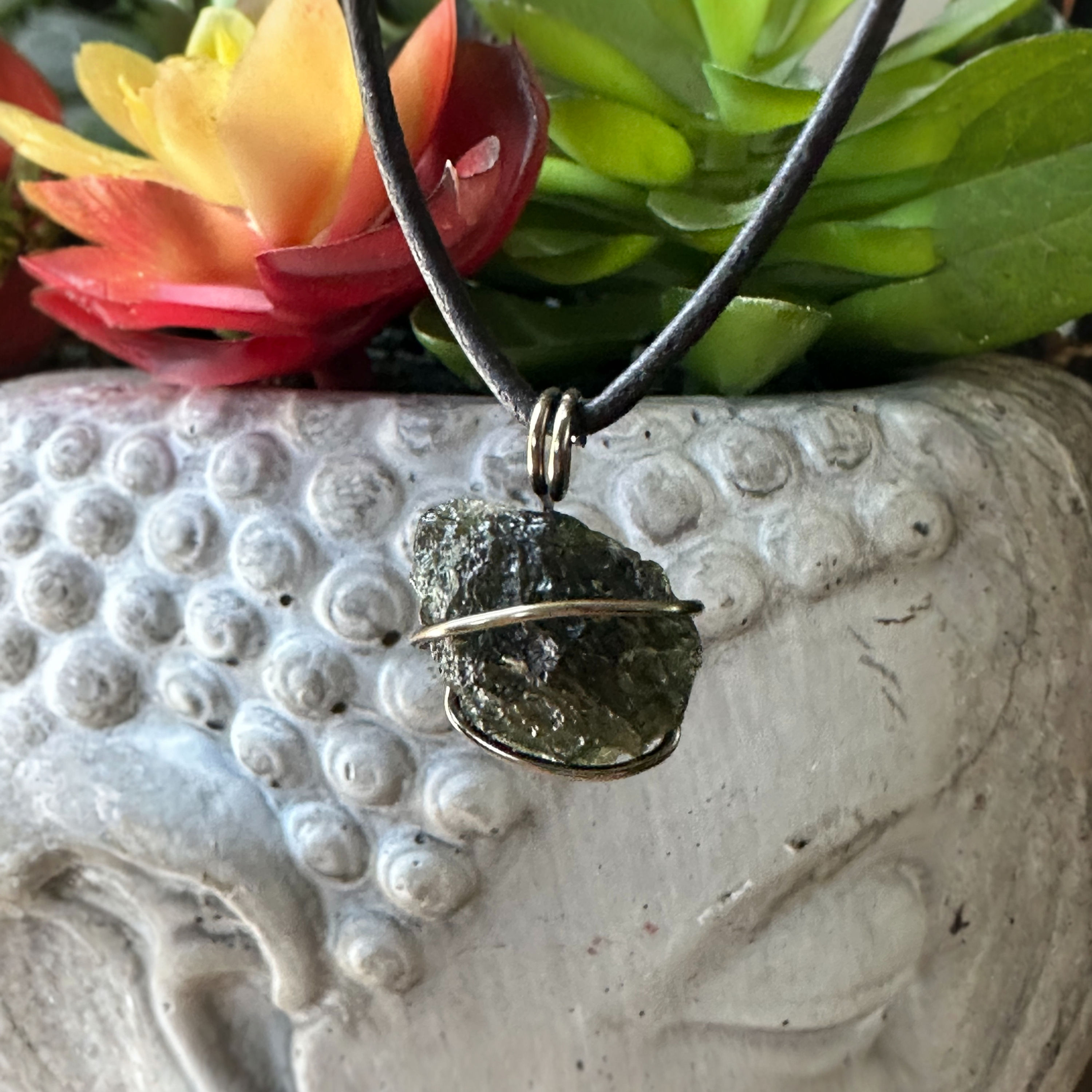Wire Wrapped Moldavite Necklace: Authentic from the Czech Republic