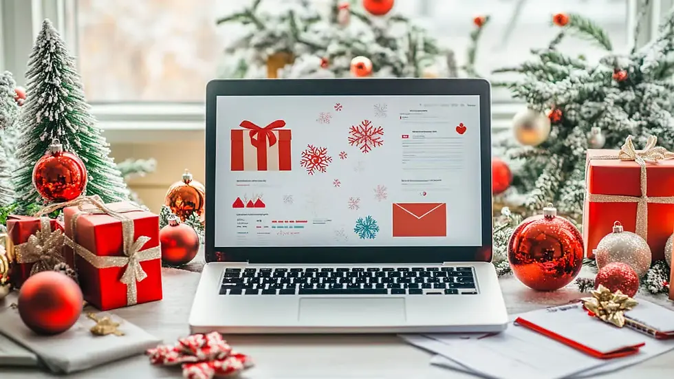 A laptop sitting in the middle of Christmas decorations.