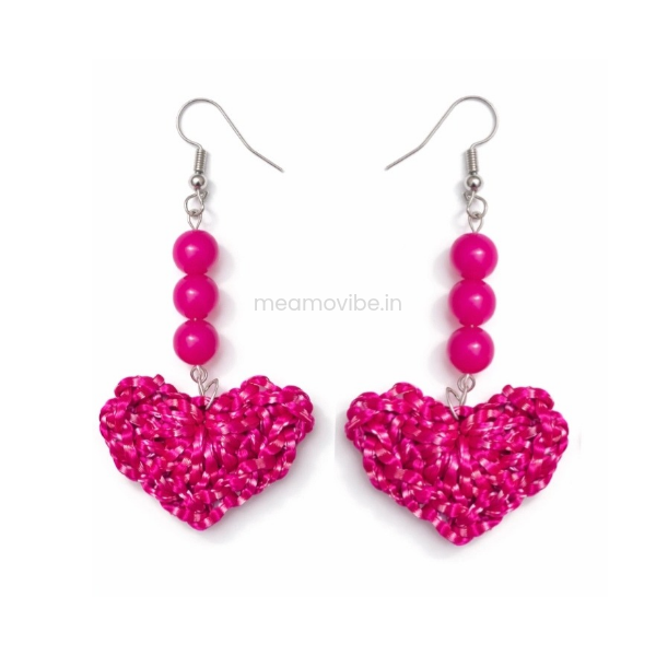 Handmade Crochet Heart Drop Earrings – Hot Pink Boho Dangle Earrings
