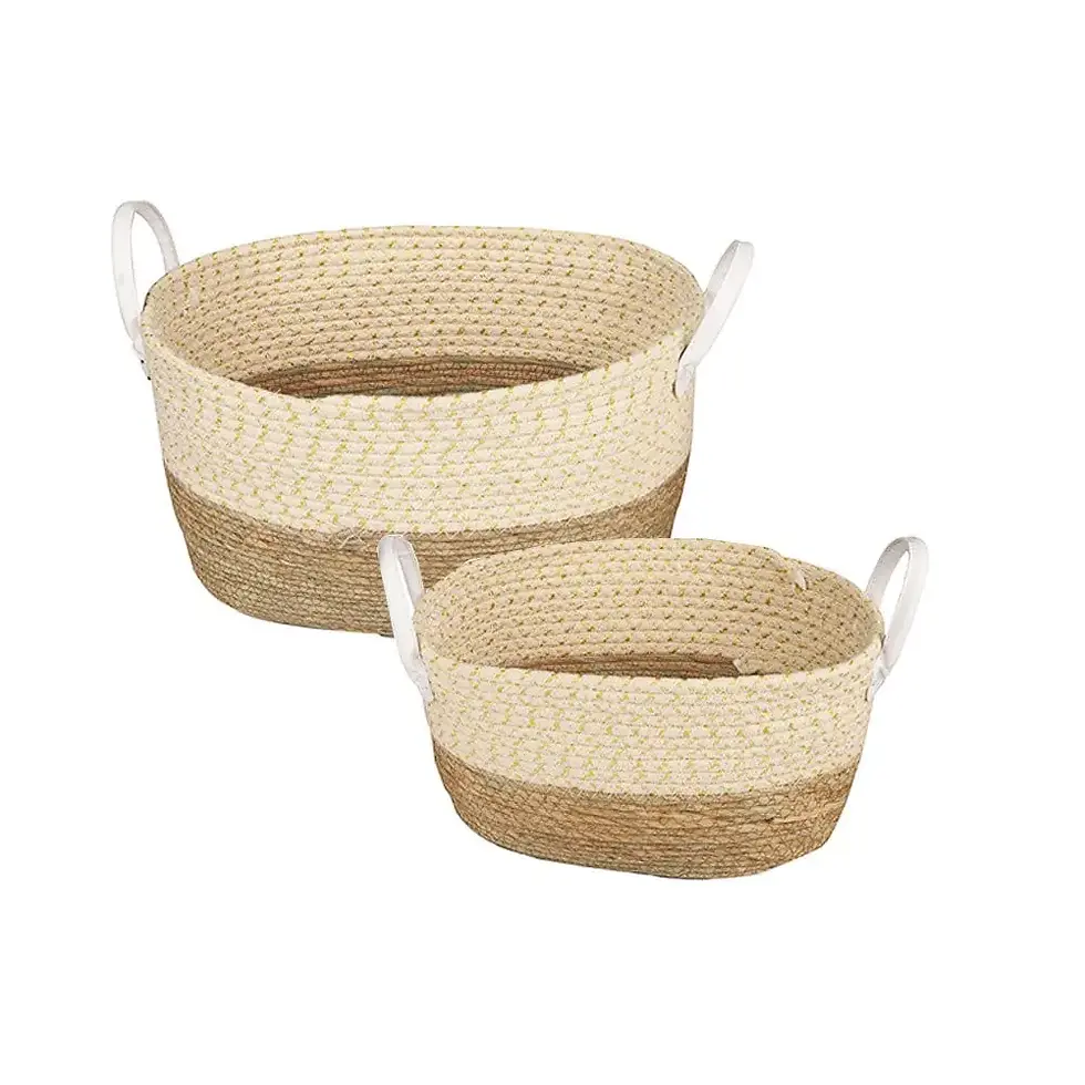 Cotton rope basket set - white striped top