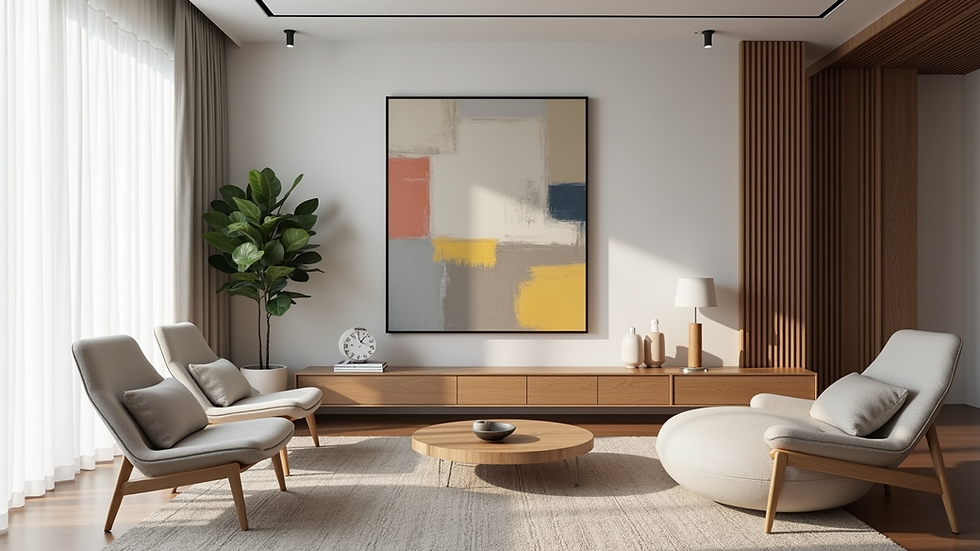 Eye-level view of a modern living room with a large abstract painting on the wall