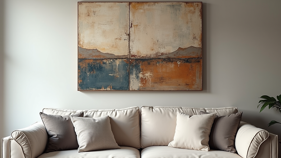 Close-up of a textured mixed media wall art hanging above a sofa