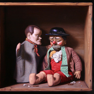 Oil painting of two toys of Bob hope and a sad hobo clown (Emmitt Kelly).   The actor Bob Hope is comforting the sad clown.