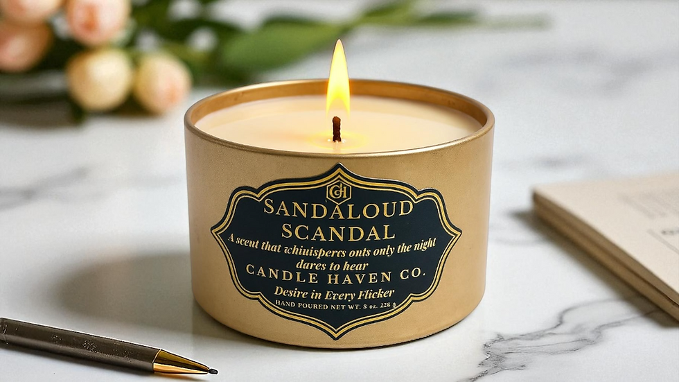 Sandaloud Scandal candle by Candle Haven Co., promising whispers of night-time intrigue with every flicker.