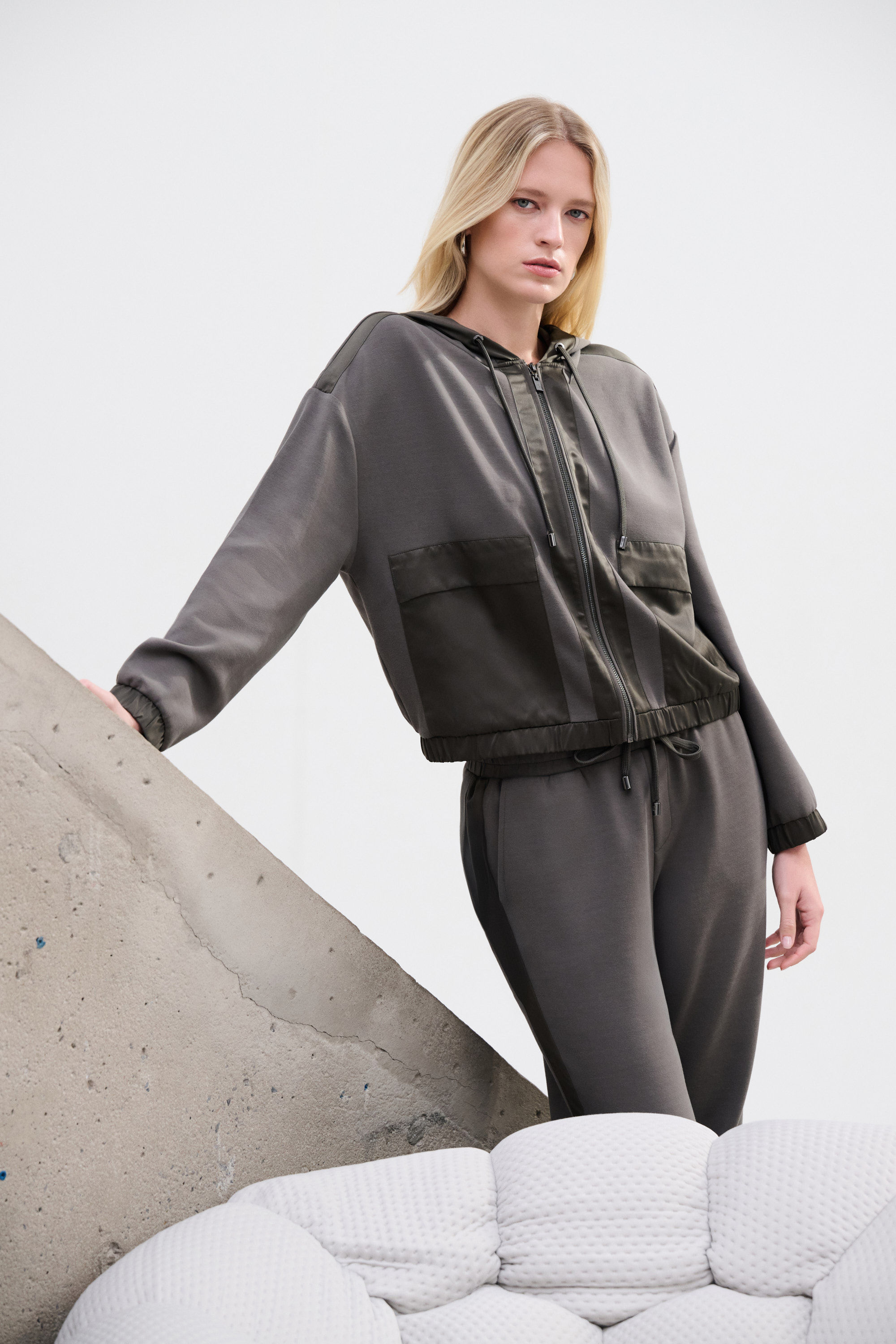 Jospeh Ribkoff Scuba Jersey And Satin Hooded Boxy Jacket 263624