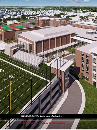Fall 2025 concept rendering presented for a possible modernization solution at the current Druid Hills High School campus.