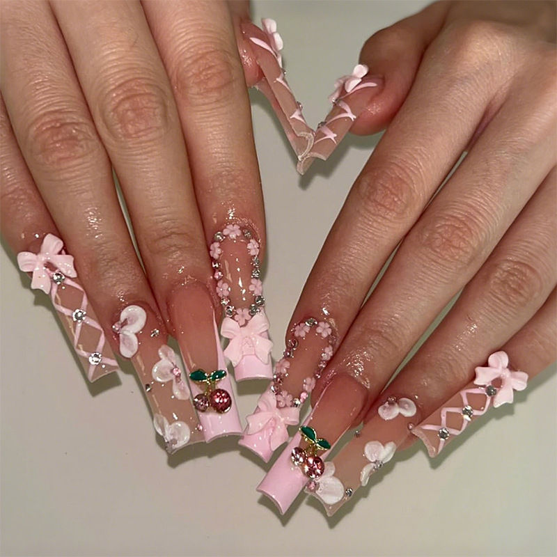 Thumbnail: 24Pcs Long French Fake Nails with Glue Ballet False Nails Butterfly Rhinestone D