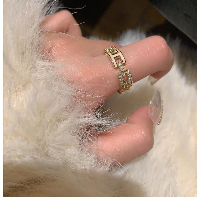 Thumbnail: H Letter Enamel Custom Gold-Plated Open Zircon Ring INS Style French Niche Desig