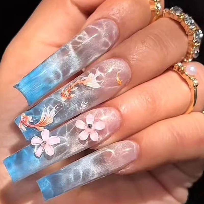 Thumbnail: 24Pcs Long French Fake Nails with Glue Ballet False Nails Butterfly Rhinestone D