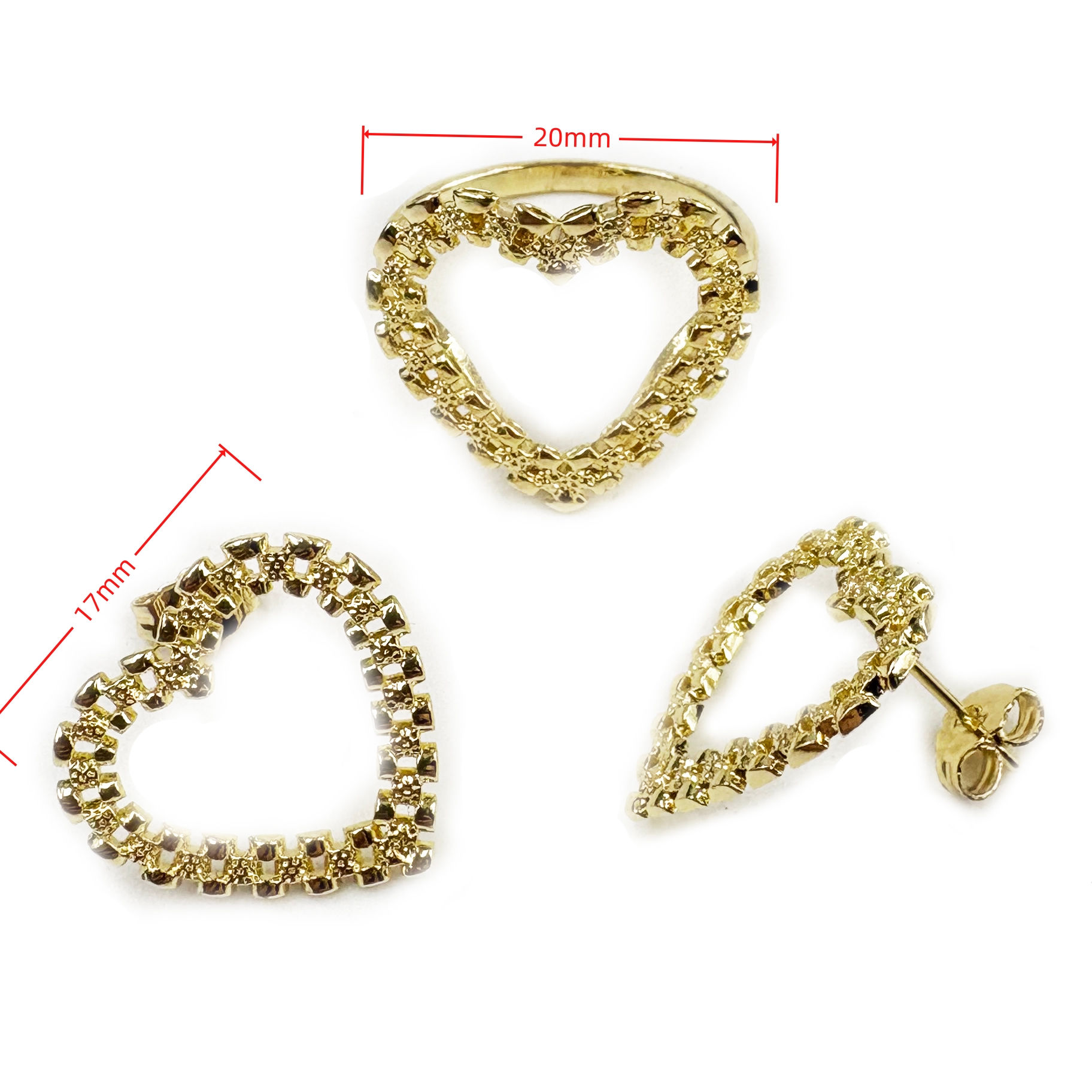 14K Gold Plated Chain Earrings & Nugget Heart Ring Set – Hip Hop Design