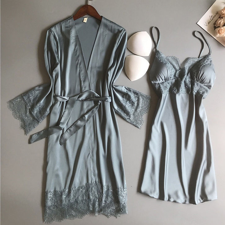 Thumbnail: White 5PCS Sleep Set Pajamas Lady Lace Satin Pyjamas Kimono Bath Gown Loose Slee