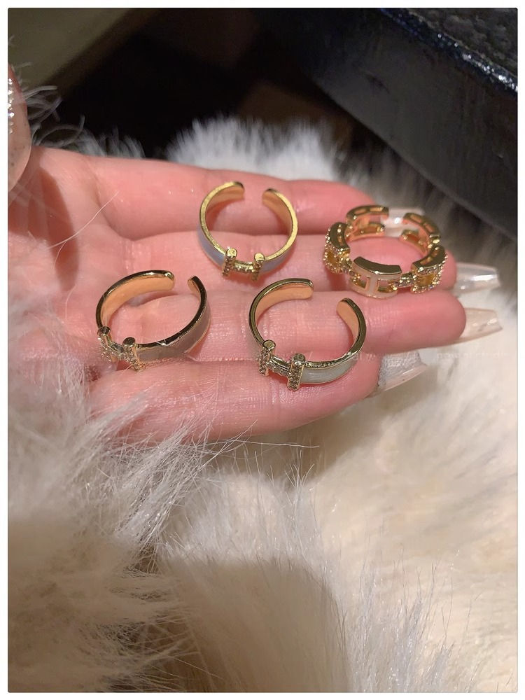 Thumbnail: H Letter Enamel Custom Gold-Plated Open Zircon Ring INS Style French Niche Desig