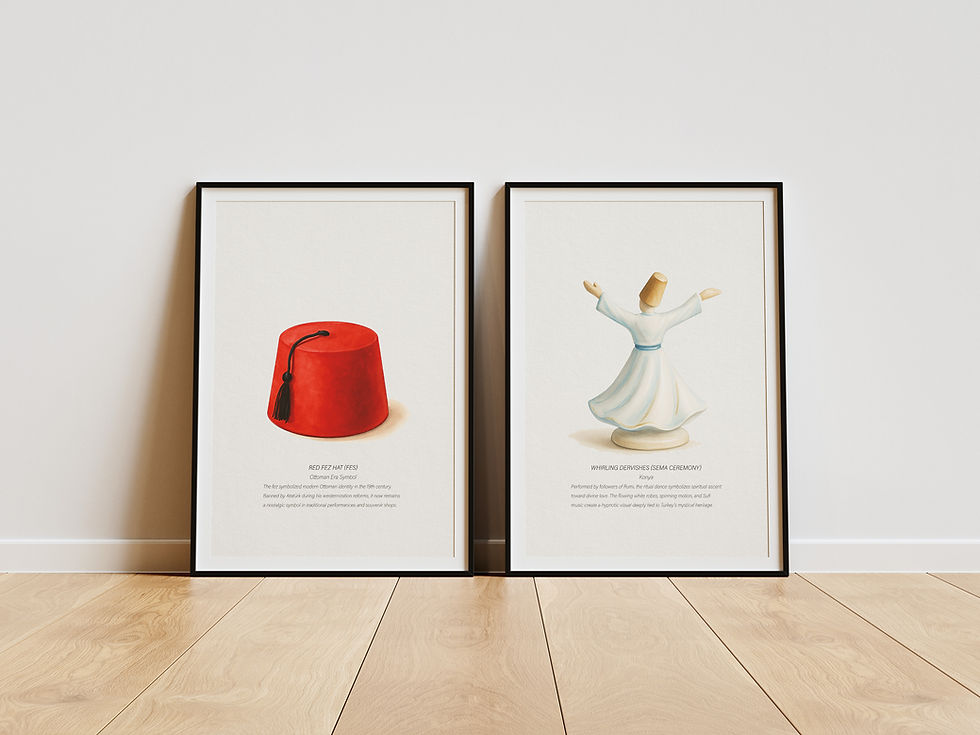 Two framed prints on a floor: one featuring a red fez, the other a whirling dervish — symbolizing Turkish tradition and culture.