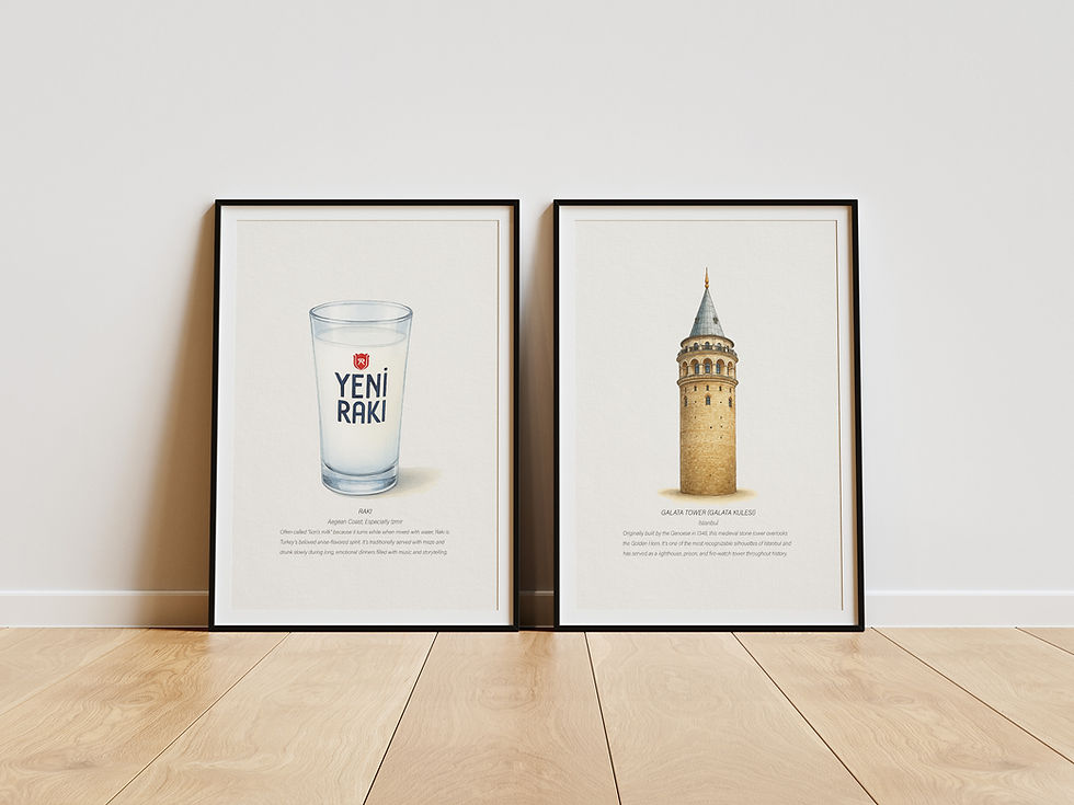 Two framed prints placed side-by-side on a wooden floor: one featuring a Yeni Rakı glass, the other the Galata Tower of Istanbul.