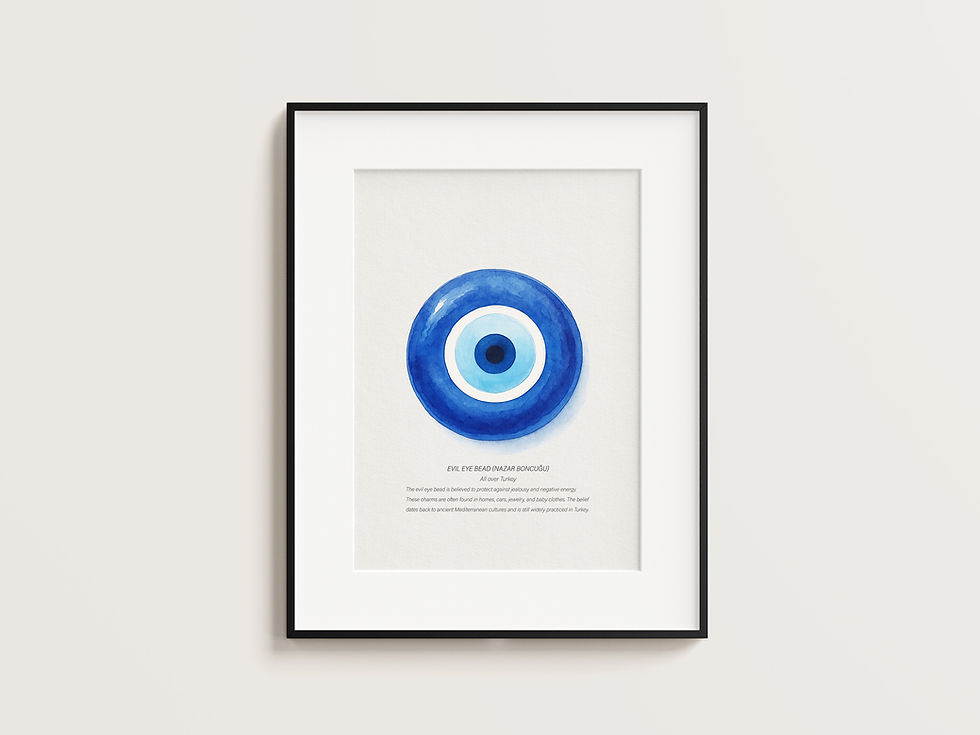 Framed watercolor illustration of a blue evil eye bead (Nazar Boncuğu) hanging on a plain beige wall, representing protection and Turkish tradition.