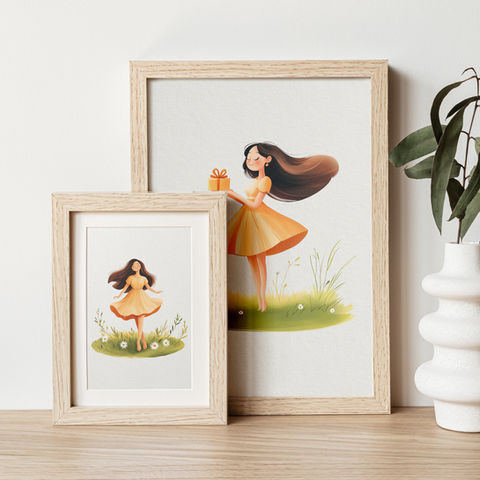Six illustrations of a little story: A girl dancing with the wind, another listening to the music of nature, one holding a delicate flower, and another riding her bicycle through a sunlit path.