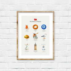 Watercolor illustration collage of Turkish cultural icons including tea, simit, evil eye, baklava, Galata Tower, Turkish coffee, and raki.