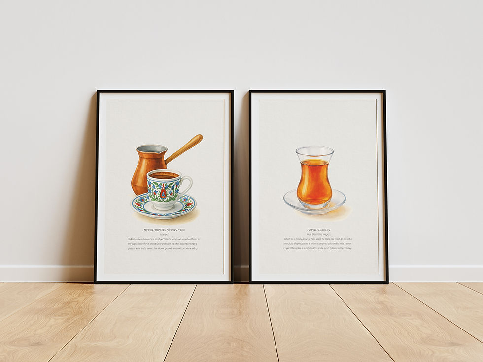 Two framed watercolor prints on a wooden floor: one showing Turkish coffee in a traditional cup with cezve, the other showing Turkish tea in a tulip glass.