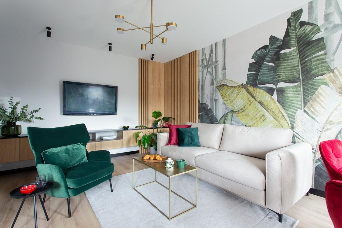 Projekt nowoczesnego salonu w żywych kolorach dla młodych ludzi autorstwa Architekta wnętrz Warszawa Praga, Małgorzaty Juszkiewicz