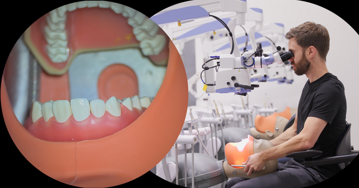 Dr. Michael Wenzel looking through a Zumax OMS 2050 at an Ajax dental mannequin