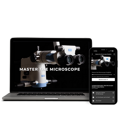 A laptop and iPhone showing the Master the Microscope online dental training course on the screens