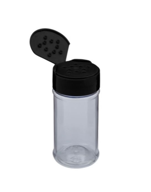 4 oz PET plastic jar, black sifter lid open