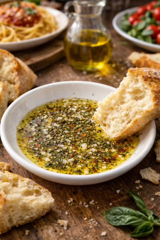 Crusty bread dipped in herb-infused olive oil