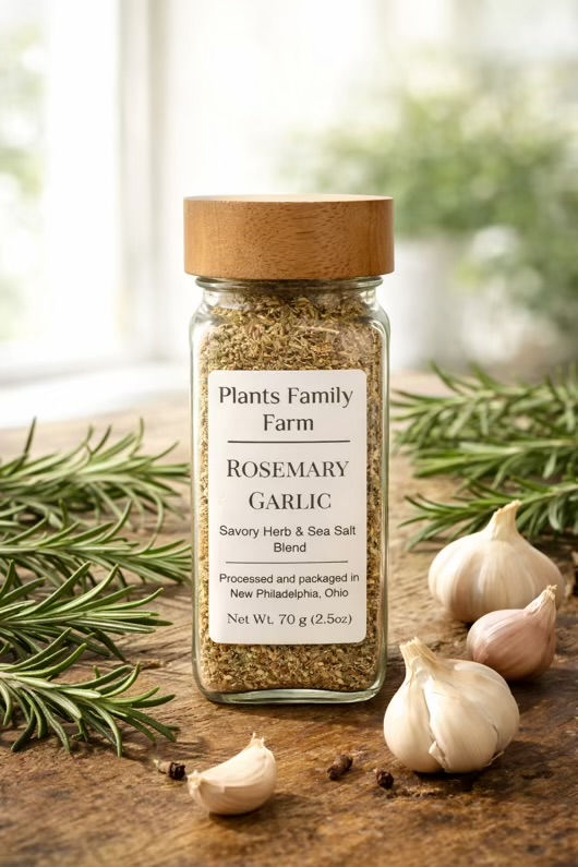 Plants Family Farm Rosemary Garlic spice blend, fresh rosemary, and garlic.