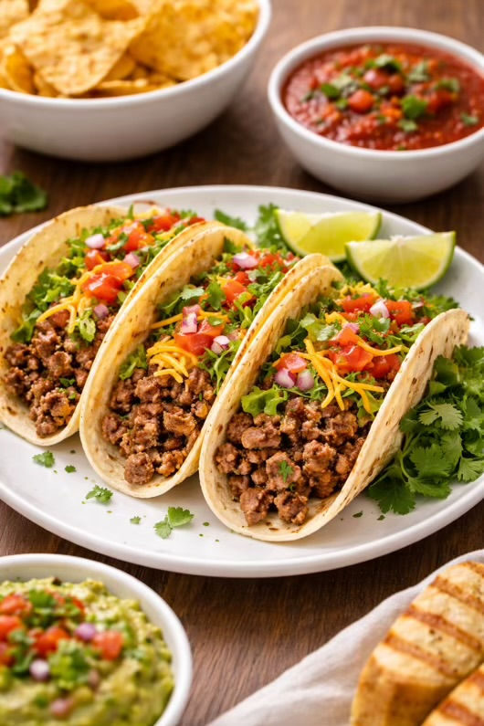 Three beef tacos with cheese, chips, salsa, and guacamole