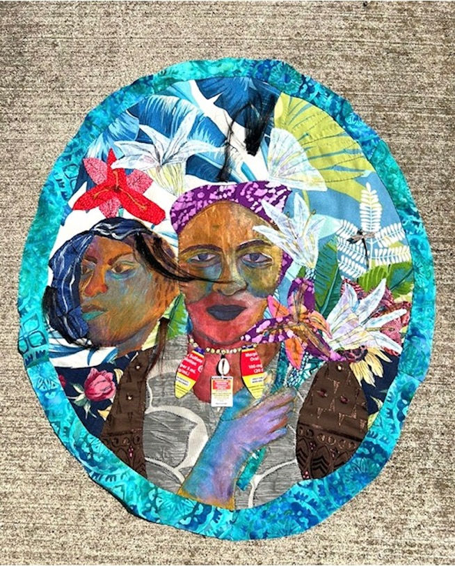“Will Chemo Kill Flowers-Just Like Hair” , 2023, Acrylic paint, acrylic marker, textiles & found objects, 20”x 16” Oval. Image courtesy - Angela Franklin.