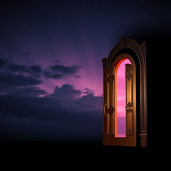 midnight dark sky with an opening to a portal that is an arched door that is brass and cop