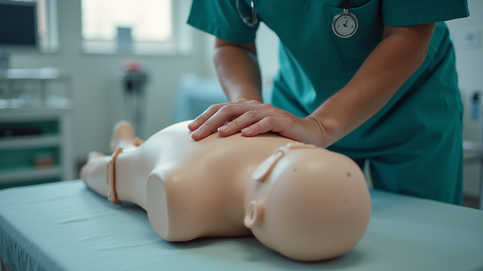 Close-up of a medical professional practicing CPR on a training dummy