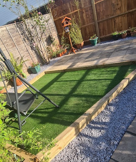 Professional artificial grass, new patio and 6ft feather board fence installation Redditch - LevelUp Contractors by Biddle