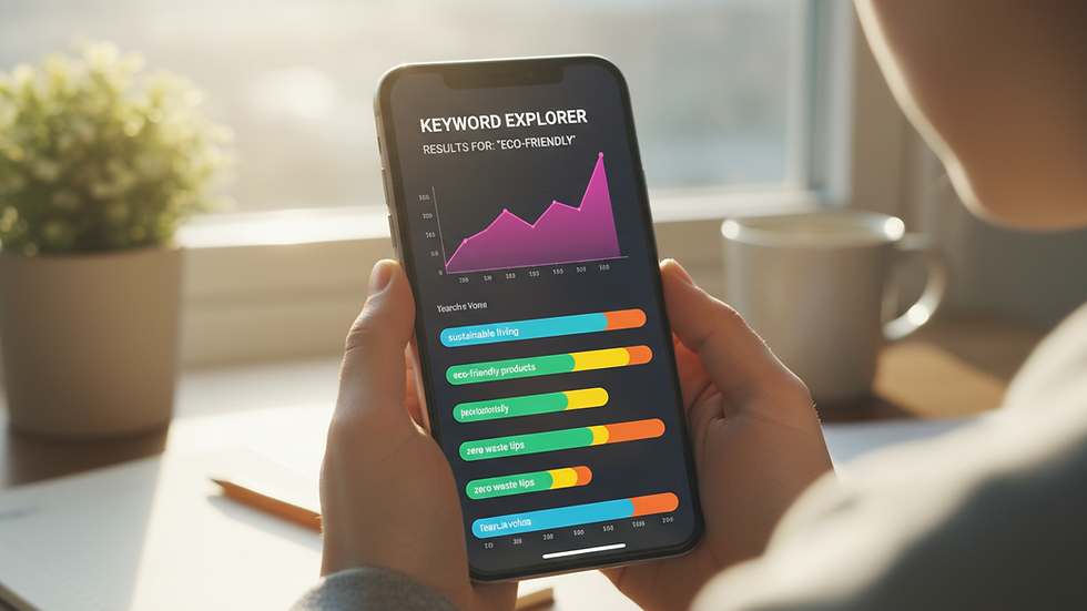 Close-up view of a smartphone showing keyword research results