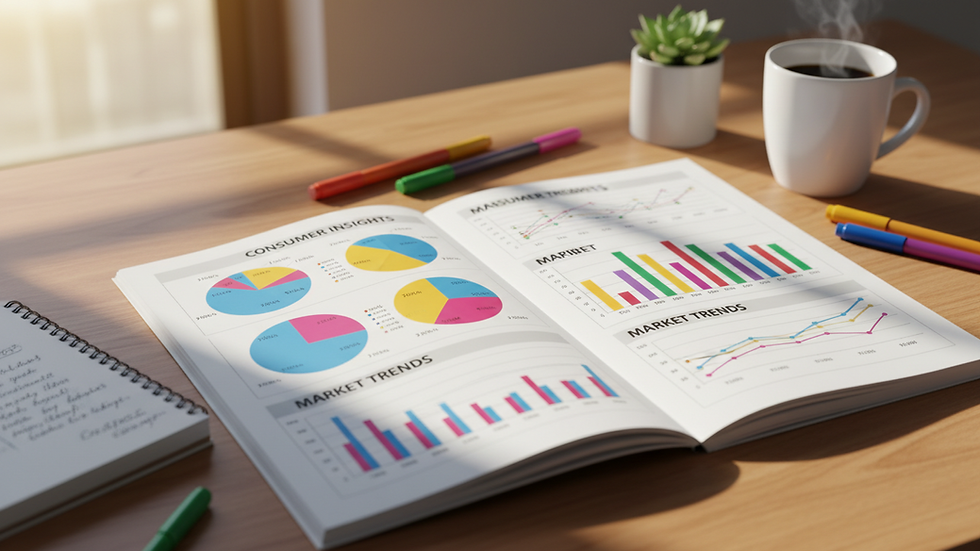 Close-up view of a market research report with charts and graphs on a desk