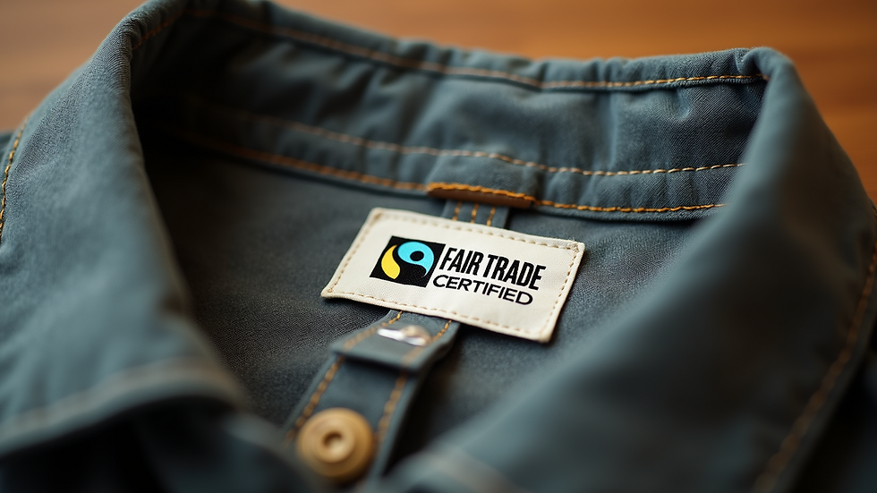 Close-up view of fair trade certified clothing tag