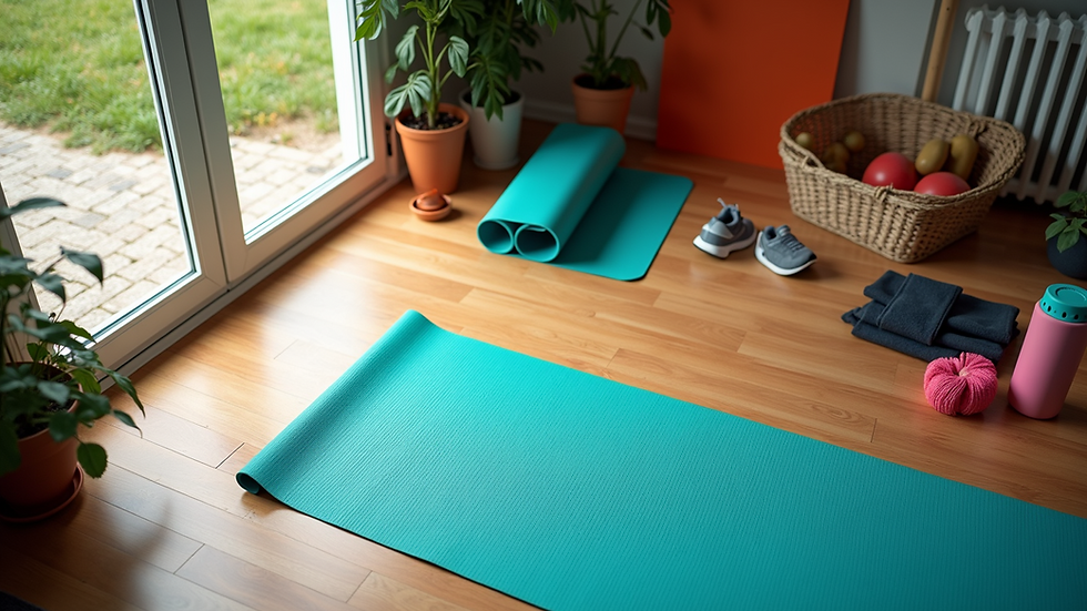 High angle view of a vibrant home gym setup with yoga mat and fitness accessories
