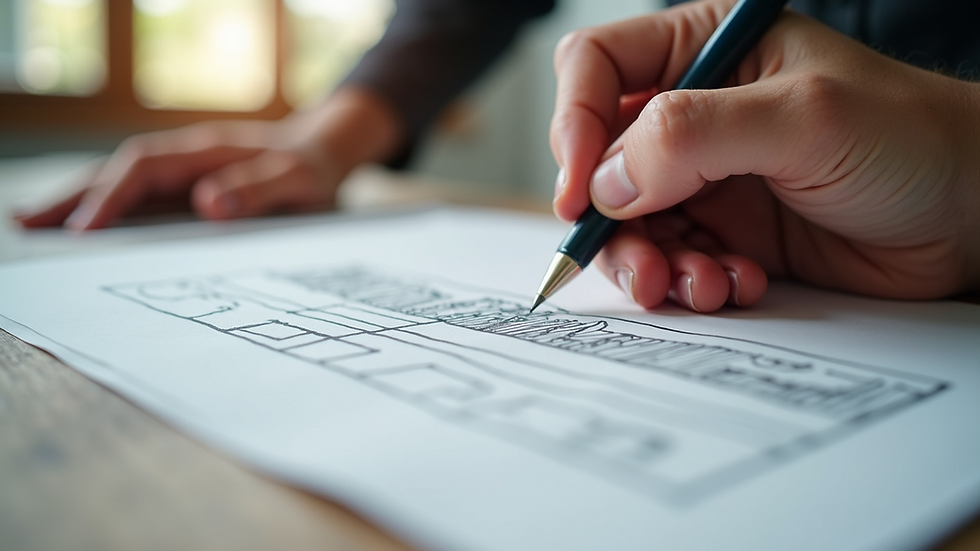 Close-up view of a designer sketching website layout on paper