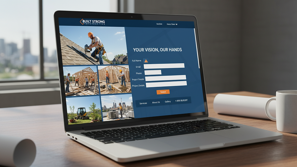 Close-up view of a laptop screen showing a construction company website with contact form