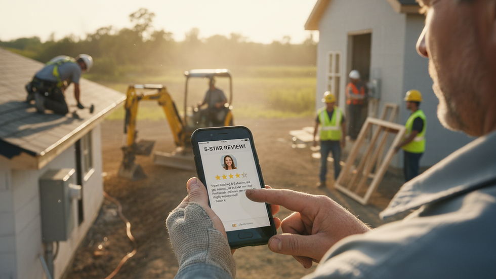 Close-up view of a contractor’s hands holding a smartphone showing a customer review