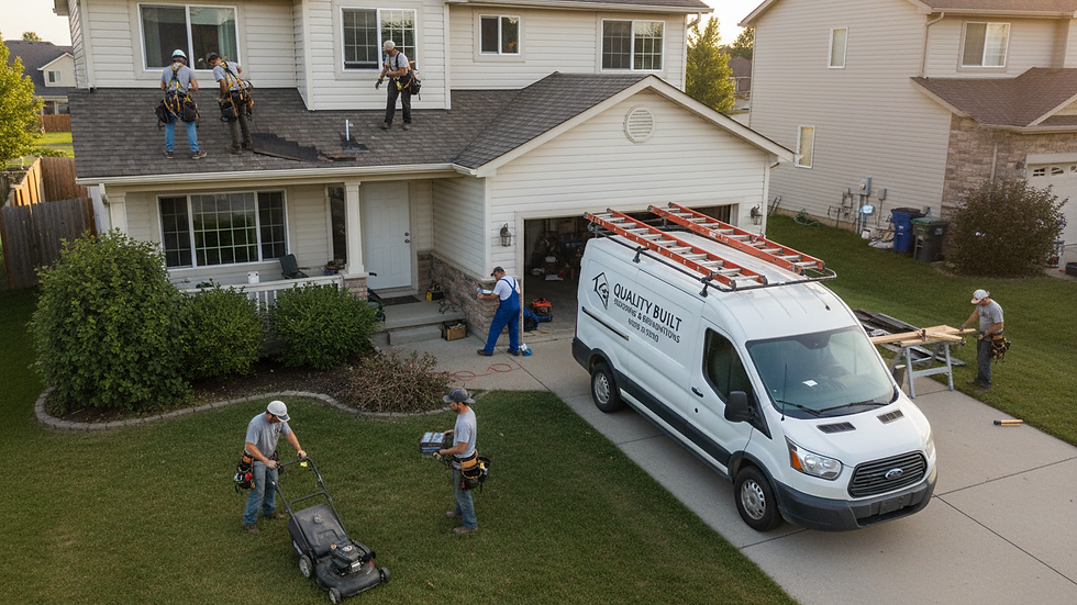 High angle view of a contractor’s van parked outside a residential home