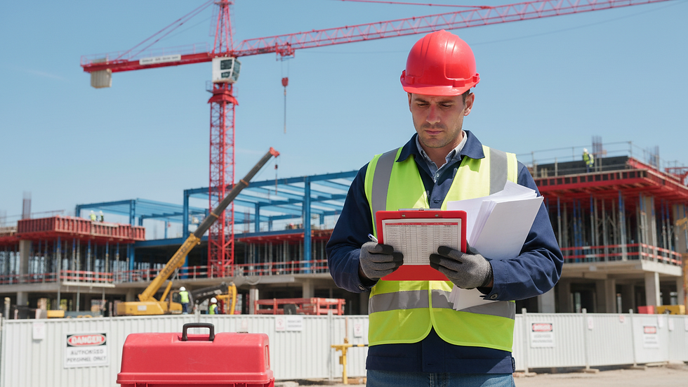 Eye-level view of a contractor reviewing job cost sheets on a clipboard